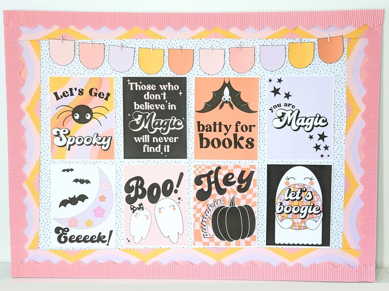 May include: A decorative bulletin board with Halloween-themed art prints. The prints feature spooky phrases, a spider, bats, ghosts, and a pumpkin. The color palette includes orange, black, white, and pink, with a retro design.
