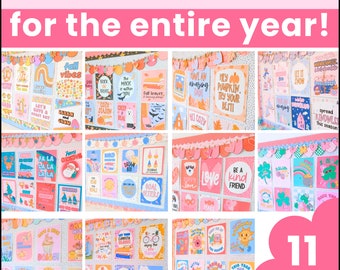 May include: A collage of 11 different classroom poster sets for each month of the year. The posters feature bright colours, fun illustrations, and positive messages. The posters are designed to help create a positive and engaging learning environment for students. The text on the posters includes phrases like "Fall Vibes", "Let It Snow", "Spread Kindness", "Be a Kind Friend", and "Goal Getters".