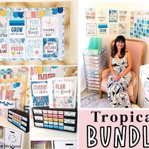 Bright Tropical Classroom Decor Bundle, Editable Classroom Bundle, Colorful Classroom Decor, Text Editable, Elementary Theme