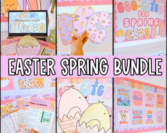 Bright Easter Spring Classroom Decor Bundle, Bulletin Board, Posters, Classroom Slides, Newsletters, Bulletin Board Letters, Student Crafts
