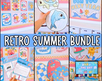 Retro Summer Classroom Decor Bundle, Bulletin Board, Posters, Classroom Slides, Newsletters, Bulletin Board Letters, Student Crafts