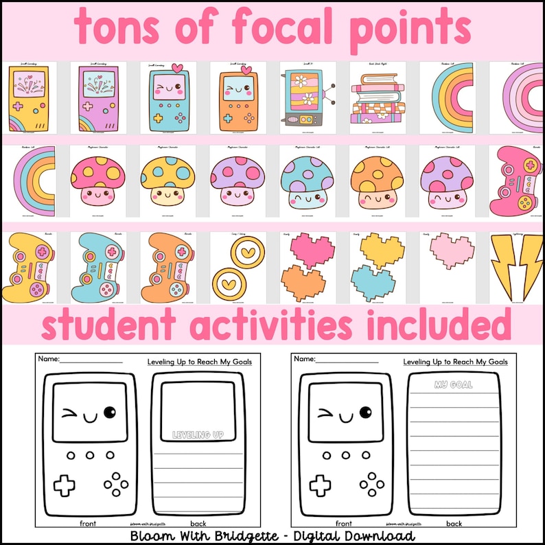 May include: A printable set of black and white illustrations featuring a variety of cute cartoon characters, including a video game console, a mushroom, a rainbow, and a heart. The text "tons of focal points" and "student activities included" is also included in the image.