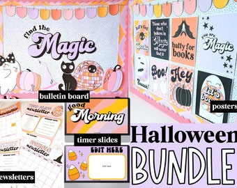 Retro Halloween Classroom Decor Bundle, Classroom Slides, Newsletters, Posters, Door Decor, Classroom Decorations