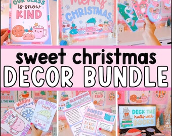May include: A pink and white Christmas classroom decor bundle with a variety of printable posters, signs, and activities. The bundle includes a "Our Class is Snow Kind" poster, a "Merry Christmas" bulletin board, a "Deck the Halls with Books" sign, and more.