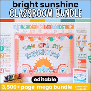 Sunshine Classroom MEGA BUNDLE, Editable, Floral Elementary Decorations, Hello Sunshine Theme,  Bright Pastel Colors Decor