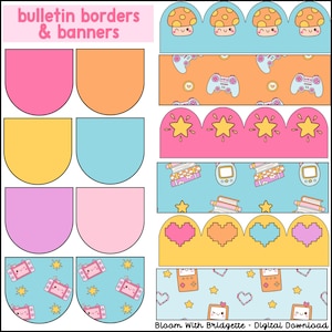 May include: A set of printable bulletin board borders and banners featuring a variety of cute and colorful designs. The designs include mushrooms, stars, hearts, video game controllers, and books. The text "bulletin borders & banners" is at the top of the image.