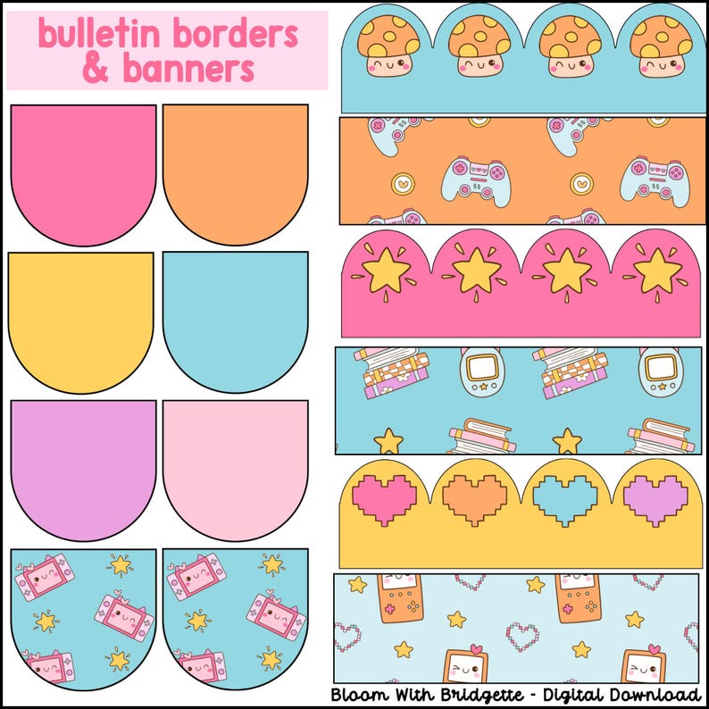 May include: A set of printable bulletin board borders and banners featuring a variety of cute and colorful designs. The designs include mushrooms, stars, hearts, video game controllers, and books. The text "bulletin borders & banners" is at the top of the image.