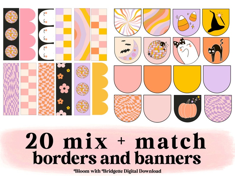 May include: A digital download graphic featuring 20 mix and match borders and banners. The designs include retro patterns, disco balls, and Halloween-themed illustrations like ghosts, pumpkins, and witch hats. The color palette includes pink, orange, and purple.