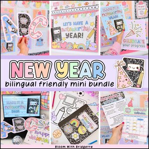 May include: A selection of colourful stationery and educational materials featuring the text "NEW YEAR bilingual friendly mini bundle." Includes notebooks, decorative letters, and cards with phrases like "Let's have a noteworthy year!" and "Celebrate your progress."