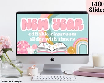 New Year Slide Templates, New Year Classroom Decor, Classroom Slides With Timers, January PowerPoint Slides, Center Slides,
