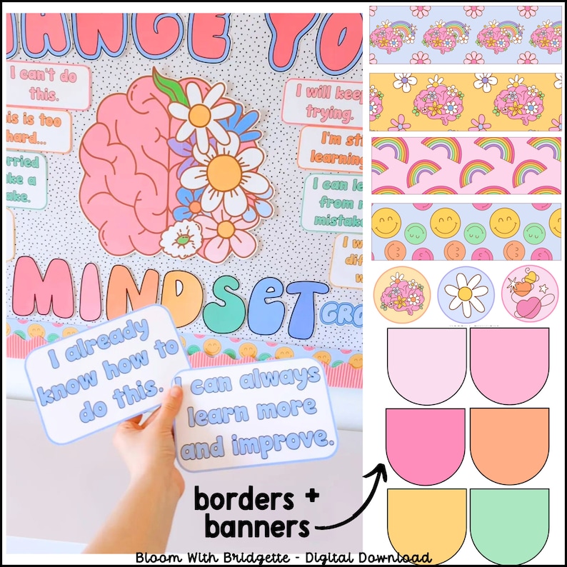 K&ouml;nnte beinhalten: Ein Set farbenfroher Klassendekoration mit einem rosa Gehirn mit Blumen, einem Regenbogen und Smiley-Gesichtern. Der Text "MINDSET GROW" ist in gro&szlig;en, bunten Buchstaben. Es gibt auch mehrere druckbare Banner und Bord&uuml;ren im Blumen- und Regenbogen-Design.