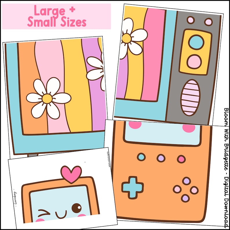 May include: A set of printable digital images featuring a retro-style television with a rainbow pattern and a handheld game console with a heart and smiley face. The images are available in both large and small sizes.