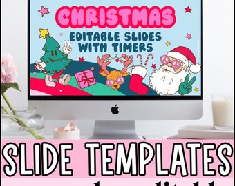 Modelos retrô de Natal para Google Slides e PowerPoint com cronômetros, decoração de inverno EDITÁVEL para sala de aula, slides para gestão de sala de aula.