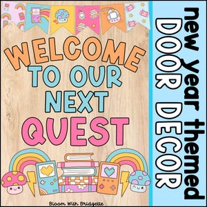 Nieuwjaarsdeurdecoratie, videogamedecor klaslokaal, heldere welkomstdeurdecoratie, trendy klaslokaaldecor, afdrukbare decoraties, gamingthema