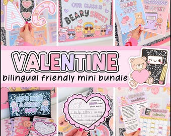 Teddy Bear Valentine Classroom Decor Bundle, Composition Notebook Decor, Bilingual (Spanish + English)