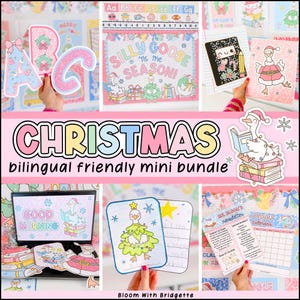 Könnte beinhalten: Eine Sammlung von Lernmaterialien zum Thema Weihnachten. Das Bild enthält den Text "CHRISTMAS bilingual friendly mini bundle". Es gibt Illustrationen einer Gans mit Weihnachtsmütze, Weihnachtsbäumen und dem Alphabet.