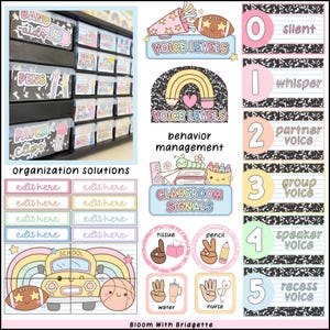May include: A collection of classroom organization and behavior management tools. Includes labels for storage bins, voice level charts, classroom signal cards, and editable name tags. The design features pastel colors, rainbows, and school-themed illustrations.