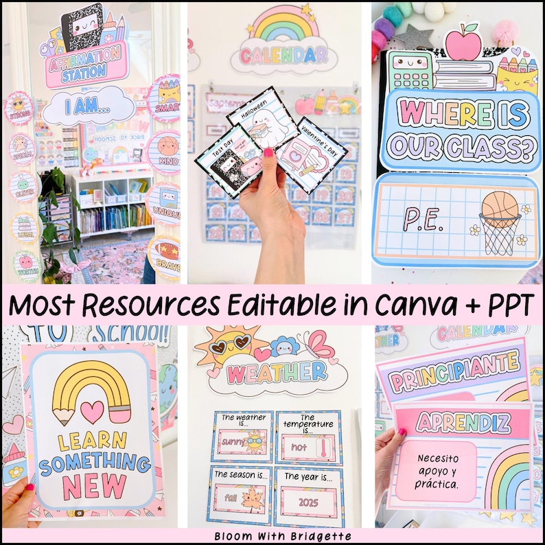 May include: A collection of colorful classroom decor and educational resources. Includes signs with phrases like "Affirmation Station," "Where is our class?" and "Learn Something New." The image also features a calendar, weather chart, and Spanish language learning materials.