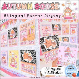 Może przedstawiać: Dwujęzyczna ekspozycja plakatów z tekstem "Autumn Goose". Ekspozycja zawiera kilka kolorowych plakatów z jesiennymi ilustracjami, w tym dynie, liście i gęś. Na plakatach znajdują się zwroty takie jak "Make it a Great Day" i "Readers are Leaders."