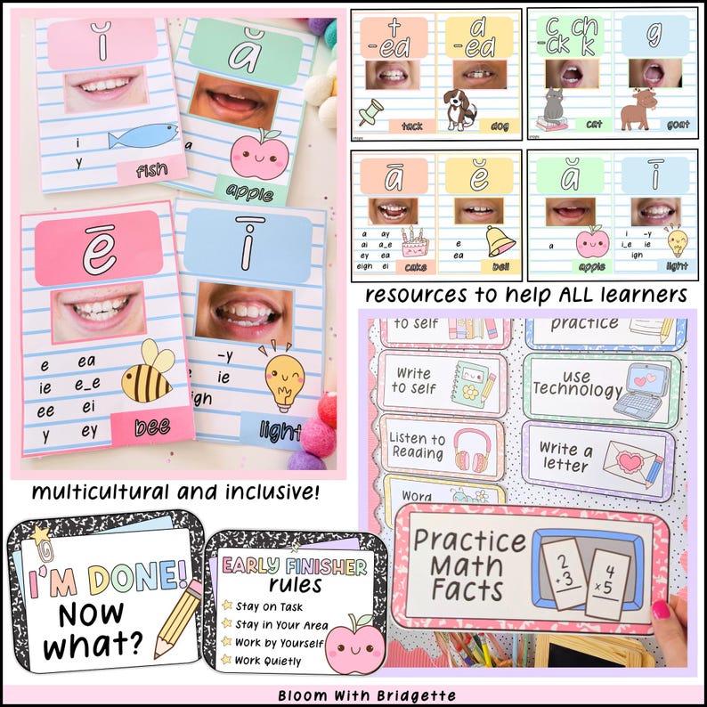 May include: Educational materials for early learners. The image shows flashcards with phonics, sight words, and math facts. The flashcards feature illustrations of a fish, apple, bee, and lightbulb. The text "multicultural and inclusive!" is also visible.