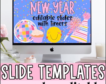 New Year Google Slides and PowerPoint Templates with Timers, EDITABLE Winter Classroom Decor, Classroom Management Slides