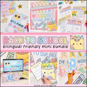 May include: A selection of colourful, back-to-school themed printables. The image includes the text "BACK TO SCHOOL bilingual friendly mini bundle" and "WELCOME to our pack". Illustrations of crayons, rainbows, and sunshine are also present.