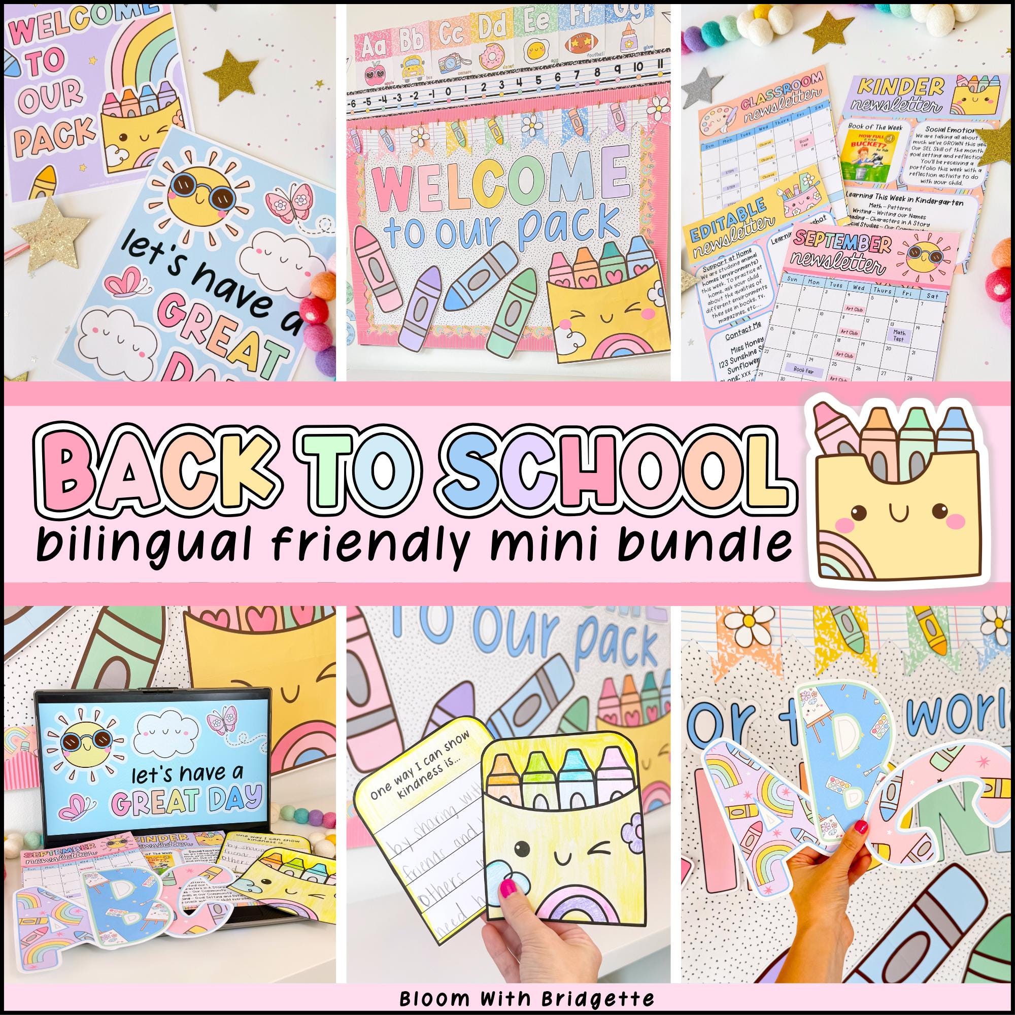 Colorful Back to School Classroom Decor Bundle, Bilingual Bulletin Board, Daily Classroom Slides, Bulletin Board Letters, Posters