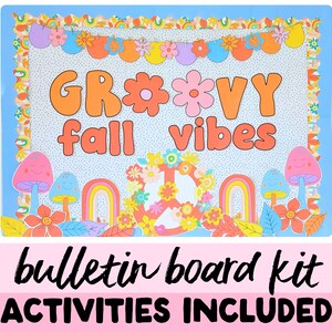 Retro herfstprikbord, groovy klaslokaaldecor, eenvoudig prikbordidee, herfstdeurdecor, seizoensgebonden klasdecoraties, nostalgisch