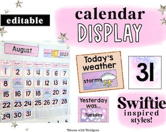 Swiftie Inspired Calendar and Weather Display, Pastel Classroom Calendar, Printable Classroom Decor, EDITABLE