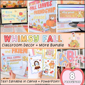 Pode incluir: Um conjunto de decoração digital para sala de aula com gráficos de outono, incluindo um ganso em folhas, um urso com uma abóbora e um ouriço. O conjunto inclui modelos editáveis com texto como It's a Great Day to Learn, Fall Leaves and Friendship please e Silly Goose.