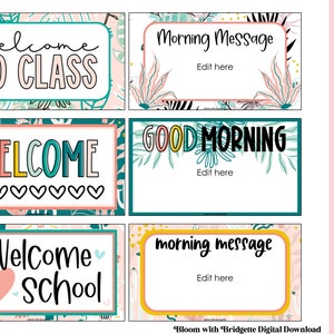 Op de afbeelding: Een set van vier digitale dia's met een tropisch thema. De dia's bevatten tekst die zegt "Welkom in de klas", "Welkom", "Goedemorgen", "Welkom op school" en "Ochtendbericht". De dia's zijn ontworpen voor gebruik in een klaslokaal.