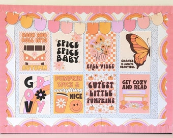 May include: A decorative bulletin board with a pink scalloped border and rainbow accents. It features eight retro-style posters with fall-themed phrases and graphics, including a VW bus, flowers, and a butterfly. The posters have phrases like "Spice Spice Baby" and "Get Cozy and Read."