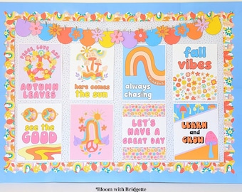 May include: A bulletin board decorated with a 70s theme. The board has a light blue background with a scalloped border. The board is decorated with colorful flowers, rainbows, and peace signs. The board has eight posters with different messages, including "Peace, Love, and Autumn Leaves", "Here Comes the Sun", "Always Chasing Rainbows", "Fall Vibes", "See the Good", "Let's Have a Great Day", "Learn and Grow", and "Bloom with Bridgette".