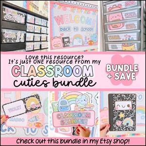 May include: A collection of classroom-themed stationery and organizational tools. Includes labels, a welcome sign, and a schedule, all with a cute, colorful design. The text "WELCOME back to school!" is visible.