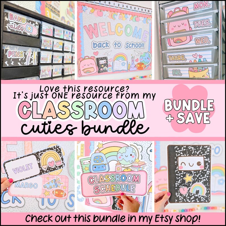 May include: A collection of classroom-themed stationery and organizational tools. Includes labels, a welcome sign, and a schedule, all with a cute, colorful design. The text "WELCOME back to school!" is visible.