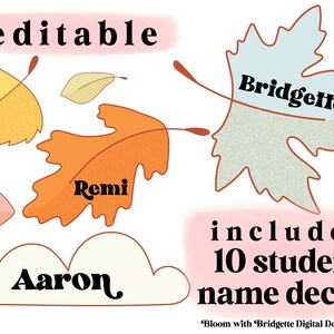 May include: Editable classroom name decals featuring 10 fall-themed leaves with names printed on them. The names include Eli, Bridgette, Remi, and Aaron. The text "includes 10 student name decals" is printed in black on a pink background.