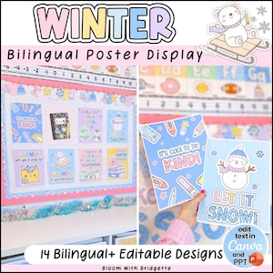 May include: A bilingual winter-themed poster display with the word "WINTER" at the top. The display includes various colorful educational posters with winter-related illustrations and text. The phrase "It's cool to be KIND!" is visible on one poster.