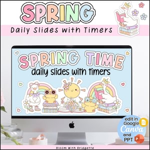 Op de afbeelding: Een computerscherm toont een "Spring Time" presentatie met de tekst "daily slides with timers". Het ontwerp bevat cartoon dieren, regenbogen en bloemen. Bovenaan het scherm staat "SPRING" en "Daily Slides with Timers."
