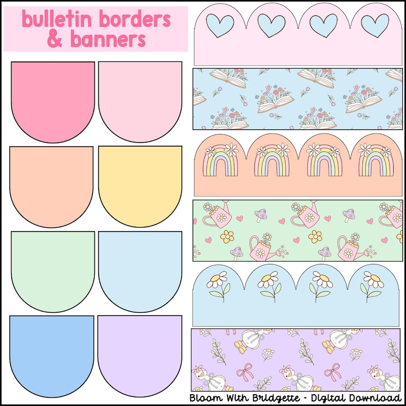 May include: A set of printable bulletin board borders and banners featuring a pastel color scheme with various cute illustrations, including hearts, rainbows, watering cans, flowers, and books. The text "bulletin borders & banners" is at the top of the image.