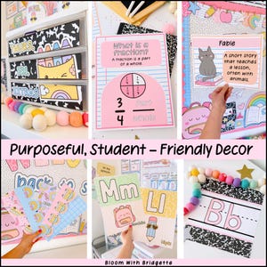 May include: A collection of classroom decor items, including labels, posters, and decorative felt ball garlands. The labels are for days of the week and extras, with colorful illustrations. Posters teach fractions and fables. The text "Purposeful, Student - Friendly Decor" is visible.