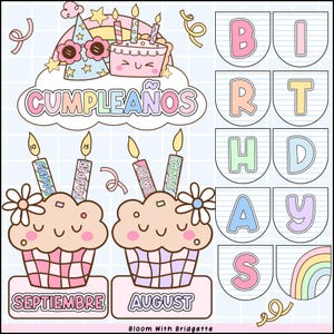 May include: A colorful birthday-themed illustration with cupcakes, a cake, and a banner that spells out "BIRTHDAY". The cupcakes have candles with names, and the banner has letters. The image also includes the word "CUMPLEA&Ntilde;OS".