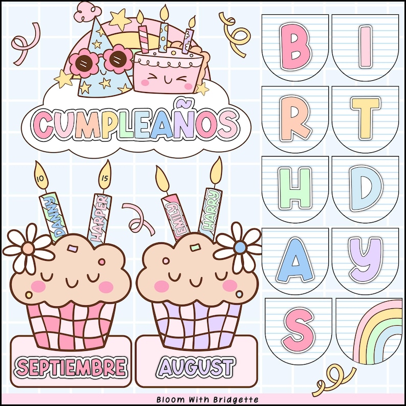 May include: A colorful birthday-themed illustration with cupcakes, a cake, and a banner that spells out "BIRTHDAY". The cupcakes have candles with names, and the banner has letters. The image also includes the word "CUMPLEA&Ntilde;OS".