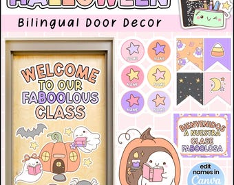 Halloween Classroom Door Decor | Bilingual Fall Bulletin Board | Classroom Cuties
