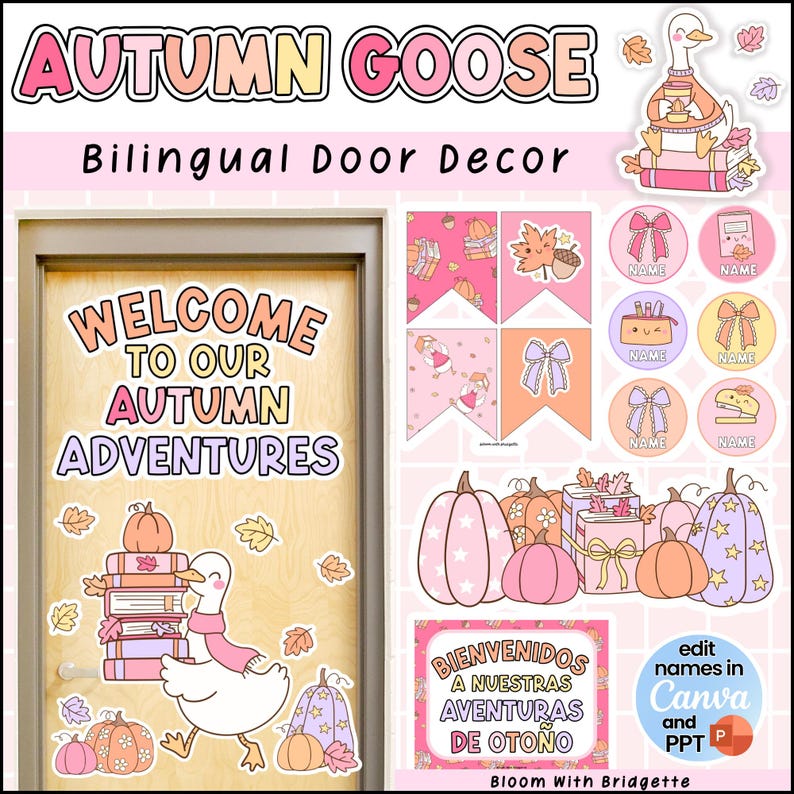 May include: A collection of autumn-themed door decor featuring a cartoon goose, pumpkins, and fall leaves. The design includes the text "Welcome to Our Autumn Adventures" and "Autumn Goose". Additional elements include editable name tags and bilingual text.