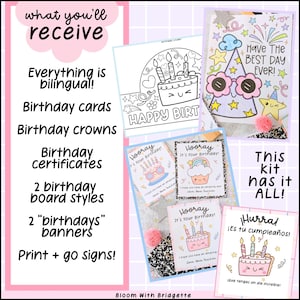 May include: A kit with birthday-themed items, including cards, crowns, and certificates. The image shows various designs with the text "Happy Birt" and "Hooray It's Your Birthday!" Bilingual banners and print-and-go signs are also included.