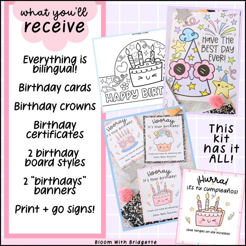 May include: A kit with birthday-themed items, including cards, crowns, and certificates. The image shows various designs with the text "Happy Birt" and "Hooray It's Your Birthday!" Bilingual banners and print-and-go signs are also included.