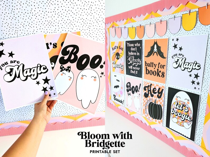 halloween classroom decor on bulletin board and hand holding posters