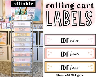 Etiquetas de carrinho de rolamento pastel, decoração pastel moderna de sala de aula, etiquetas de carrinho de professor, etiquetas de organização de sala de aula, EDITÁVEIS