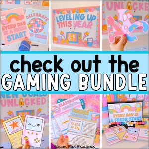 May include: A colorful classroom bulletin board with a gaming theme. The board features images of video game controllers, game characters, and the text "Leveling Up This Year". There are also several smaller signs with phrases like "Every Day is a Fresh Start" and "Celebrate Good Times".