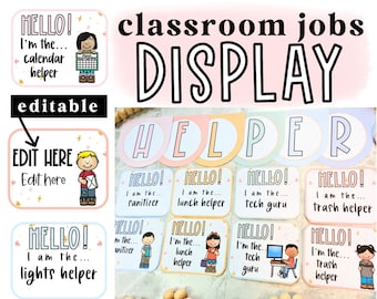 May include: A classroom jobs display with colorful cards featuring different job titles like "calendar helper", "sanitizer", "lunch helper", "tech guru", and "trash helper". Each card has a cartoon illustration of a child performing the job. The text "HELLO! I'm the..." is on each card.